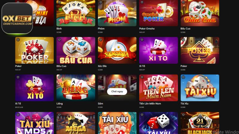Danh sách các trò chơi góp mặt tại game bài Oxbet